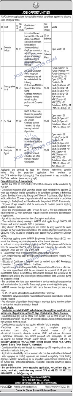 Security Officer, Stenos, Drivers, and Clerks Vacancies in WAPDA 2024