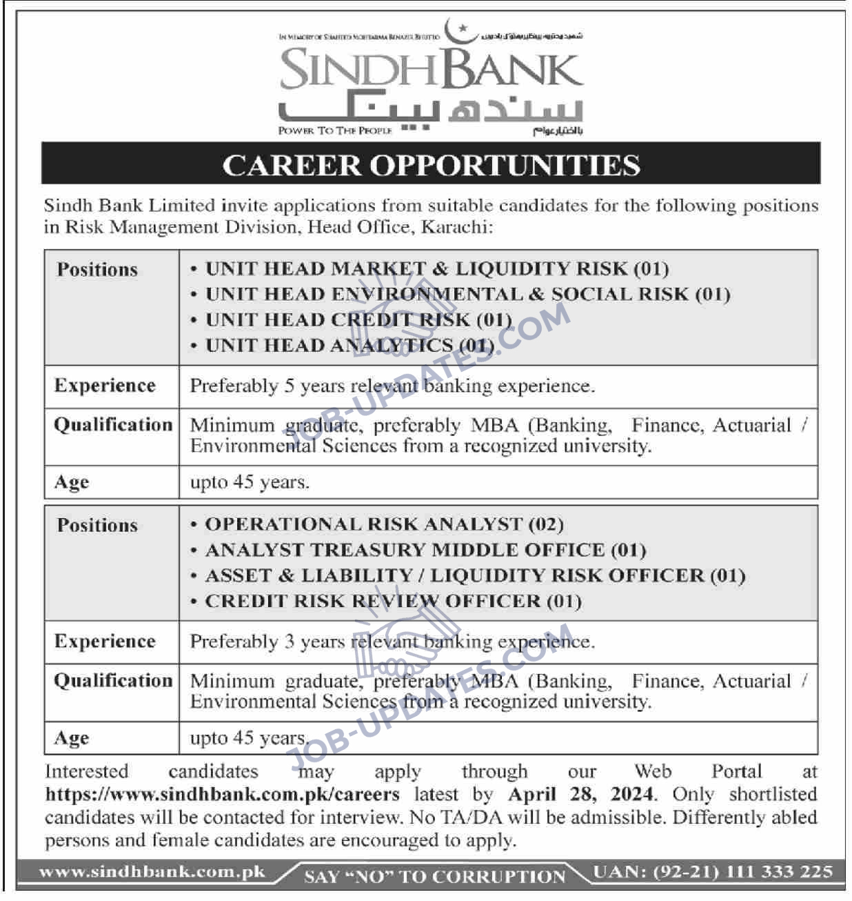 Sindh Bank Limited Vacancies 2024