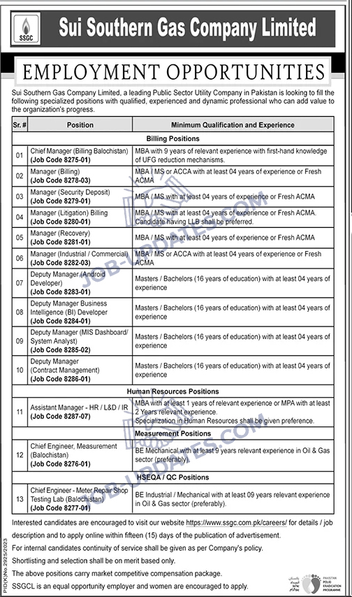 Sui Southern Gas Company Limited (SSGCL) New Jobs April 2024